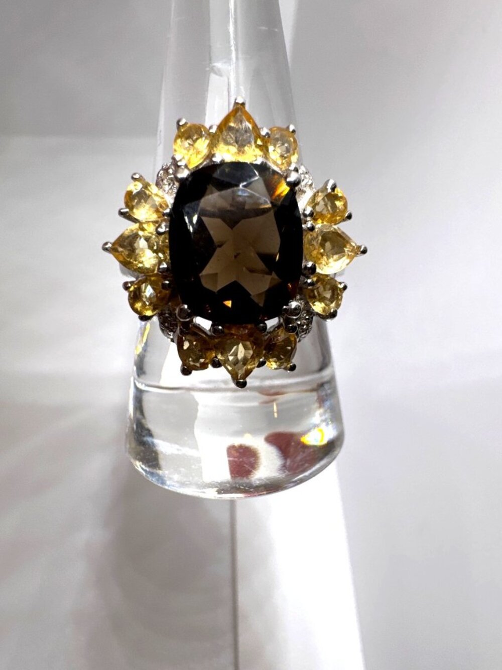 925 Sterling Silver Smoky Quartz Citrine Cocktail Ring Size 9 India Maximalism